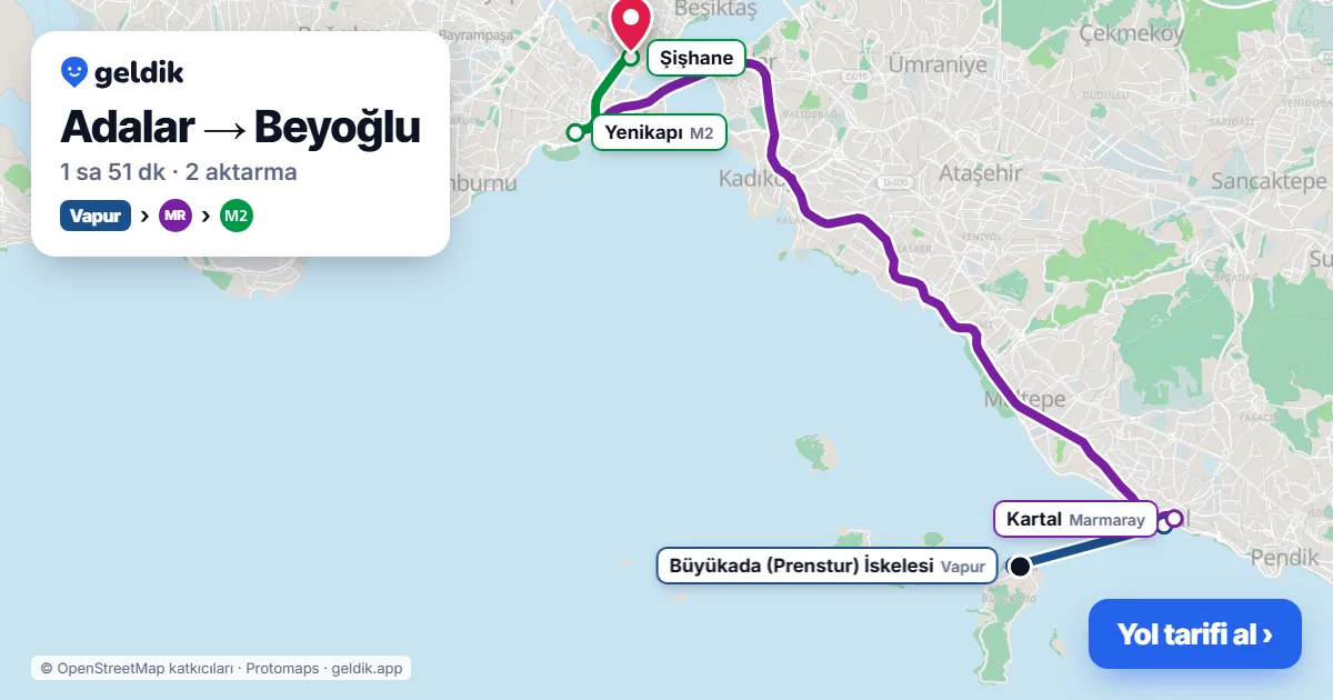 Adalar – Beyoğlu yol haritası: vapur → Marmaray → M2 ile ~1 sa 51 dk