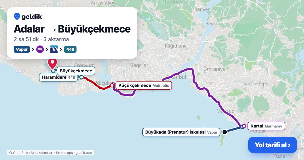 Adalar – Büyükçekmece yol haritası: vapur → Marmaray → Metrobüs → 448 otobüsü ile ~2 sa 51 dk