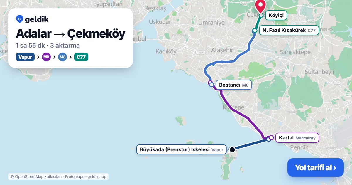 Adalar – Çekmeköy yol haritası: vapur → Marmaray → M8 → C77 minibüsü ile ~1 sa 55 dk