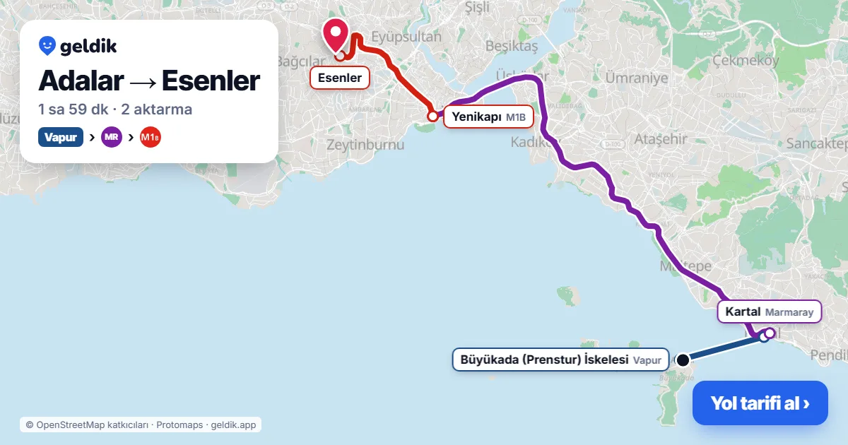 Adalar – Esenler yol haritası: vapur → Marmaray → M1B ile ~1 sa 59 dk