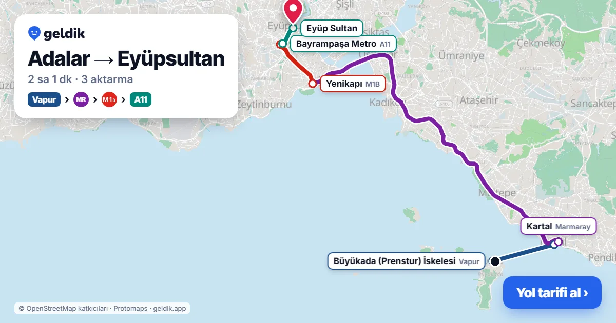 Adalar – Eyüpsultan yol haritası: vapur → Marmaray → M1B → A11 minibüsü ile ~2 sa 1 dk