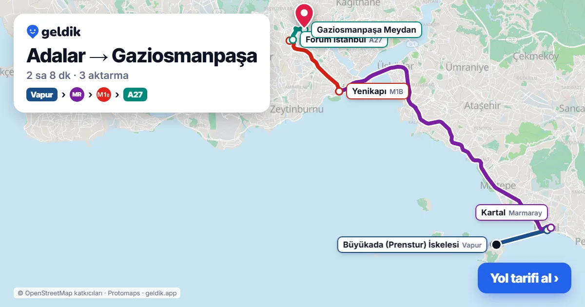 Adalar – Gaziosmanpaşa yol haritası: vapur → Marmaray → M1B → A27 minibüsü ile ~2 sa 8 dk