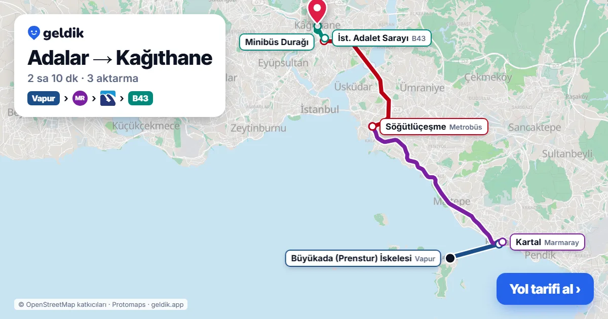 Adalar – Kağıthane yol haritası: vapur → Marmaray → Metrobüs → B43 minibüsü ile ~2 sa 10 dk