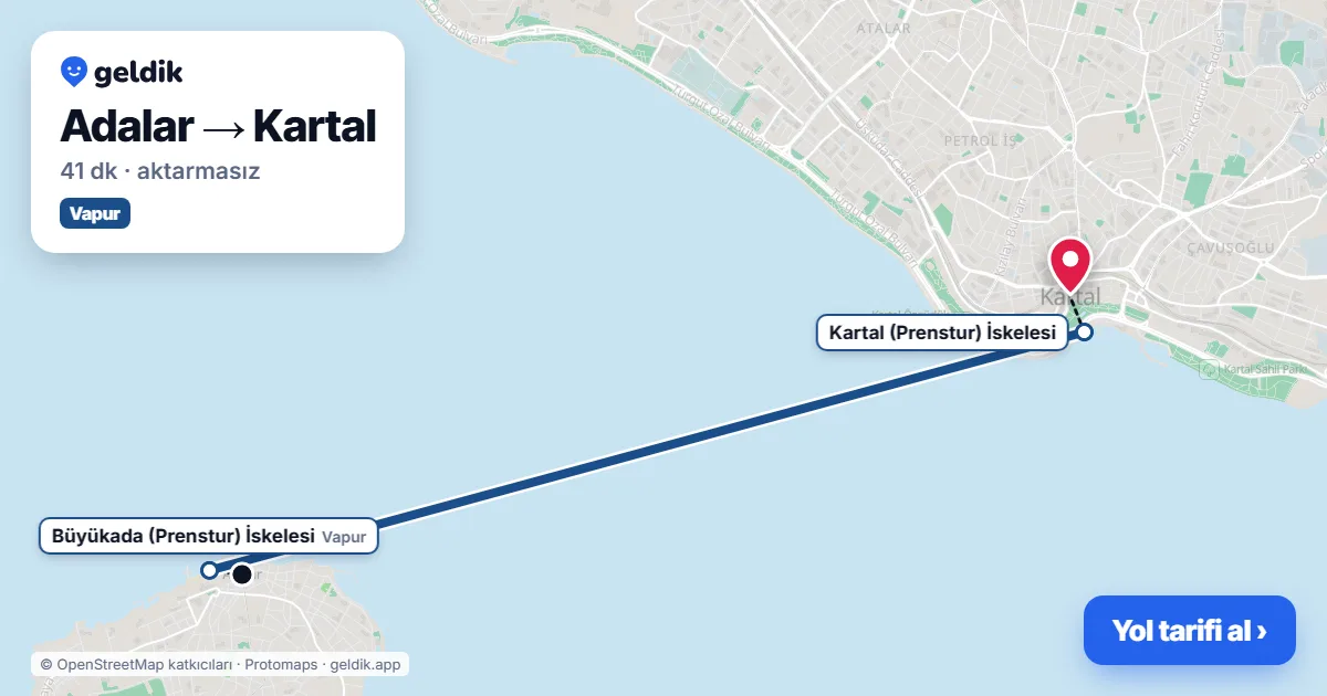 Adalar – Kartal yol haritası: vapur ile ~41 dk