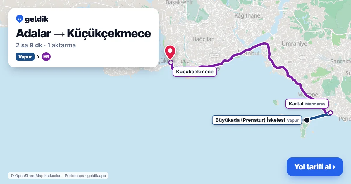 Adalar – Küçükçekmece yol haritası: vapur → Marmaray ile ~2 sa 9 dk