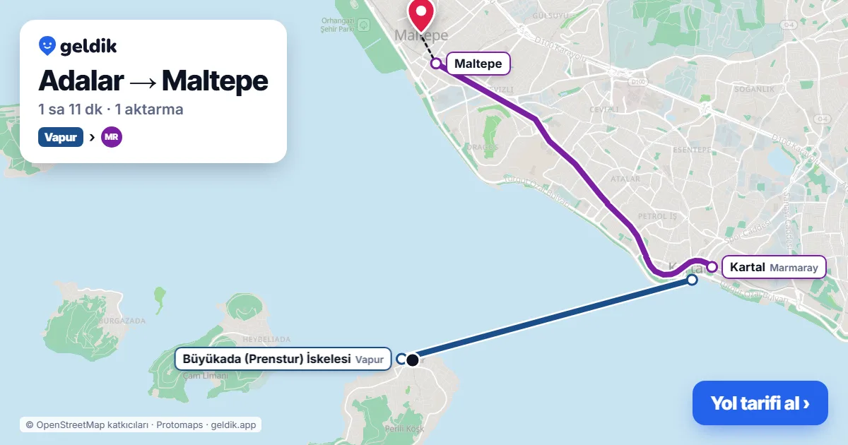 Adalar – Maltepe yol haritası: vapur → Marmaray ile ~1 sa 11 dk