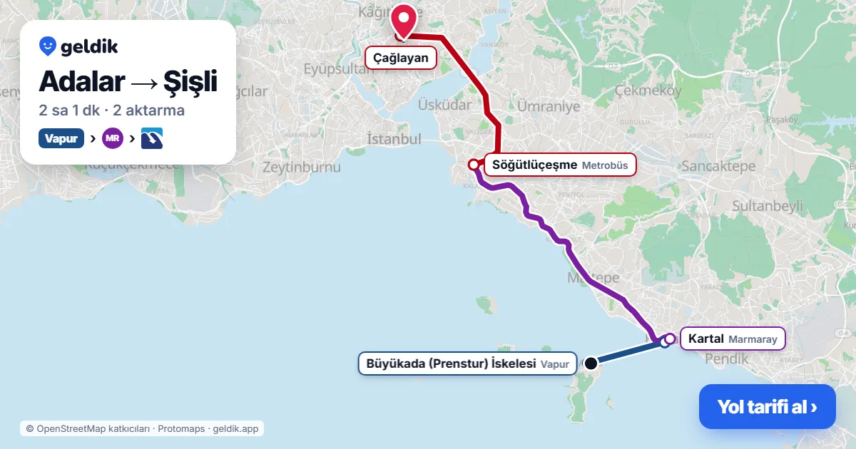 Adalar – Şişli yol haritası: vapur → Marmaray → Metrobüs ile ~2 sa 1 dk