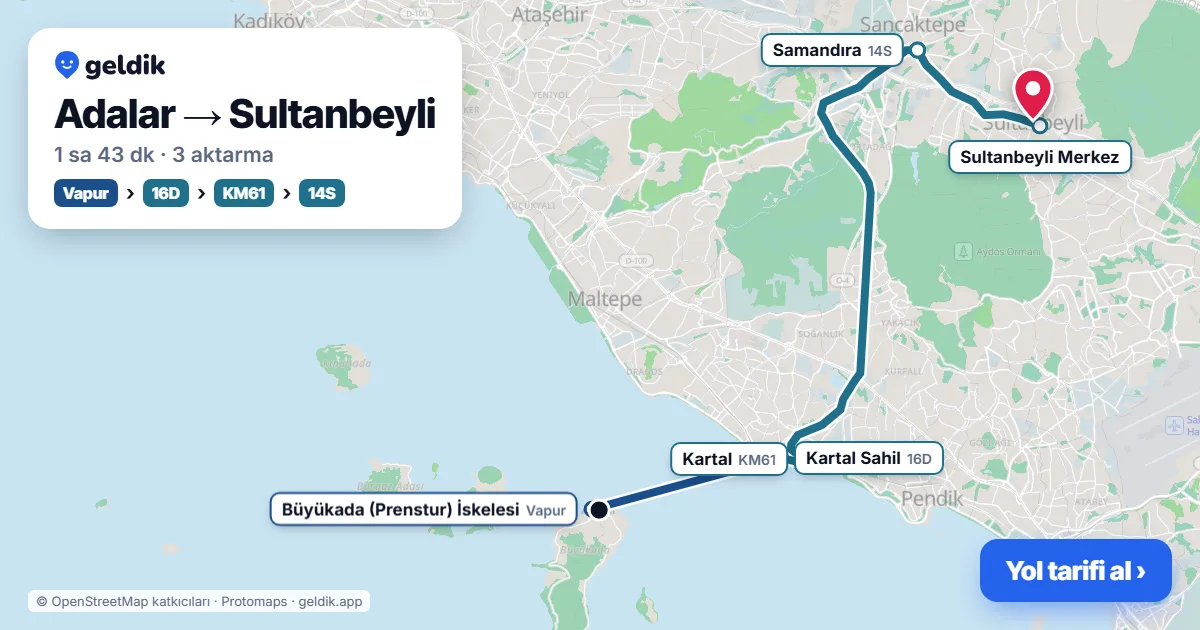 Adalar – Sultanbeyli yol haritası: vapur → 16D otobüsü → KM61 otobüsü → 522ST otobüsü ile ~1 sa 45 dk