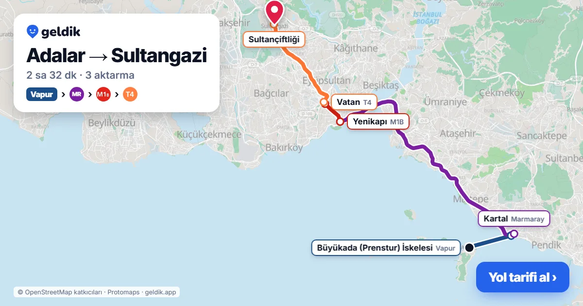 Adalar – Sultangazi yol haritası: vapur → Marmaray → M1B → T4 ile ~2 sa 32 dk