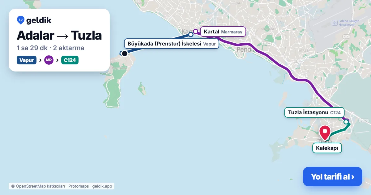 Adalar – Tuzla yol haritası: vapur → Marmaray → C124 minibüsü ile ~1 sa 29 dk