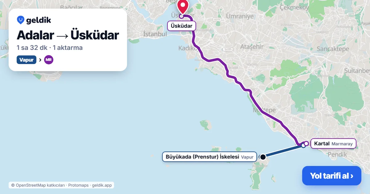 Adalar – Üsküdar yol haritası: vapur → Marmaray ile ~1 sa 32 dk