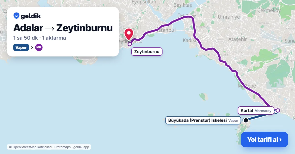 Adalar – Zeytinburnu yol haritası: vapur → Marmaray ile ~1 sa 50 dk
