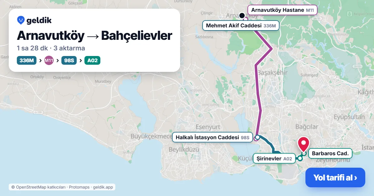 Arnavutköy – Bahçelievler yol haritası: 336M otobüsü → M11 → 98S otobüsü → A02 minibüsü ile ~1 sa 28 dk