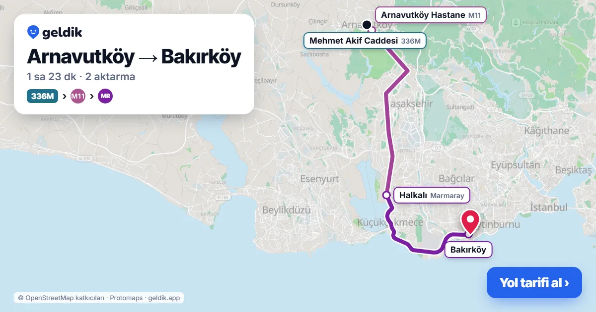 Arnavutköy – Bakırköy yol haritası: 36C otobüsü → M11 → Marmaray ile ~1 sa 24 dk