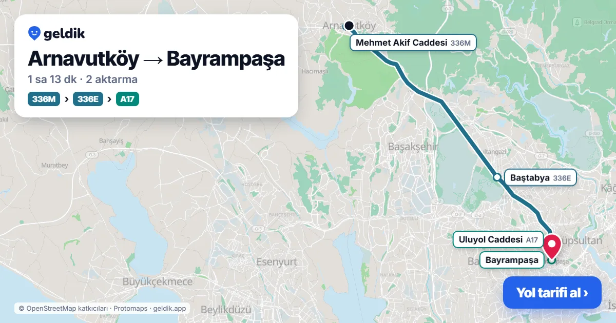 Arnavutköy – Bayrampaşa yol haritası: 336 otobüsü → M1A ile ~1 sa 27 dk