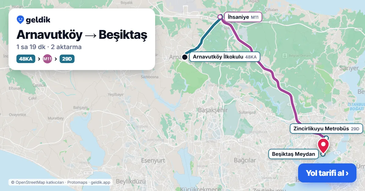 Arnavutköy – Beşiktaş yol haritası: 48KA otobüsü → M11 → 62 otobüsü ile ~1 sa 21 dk