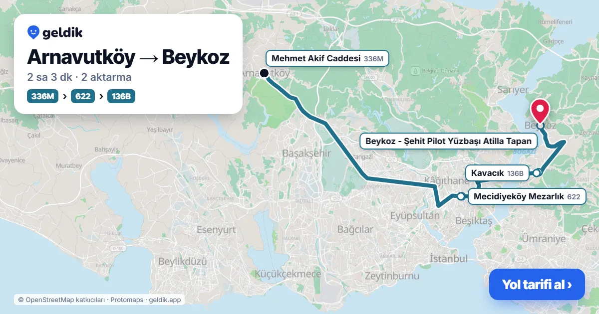 Arnavutköy – Beykoz yol haritası: 48KA otobüsü → M11 → 622 otobüsü → 136B otobüsü ile ~2 sa 3 dk