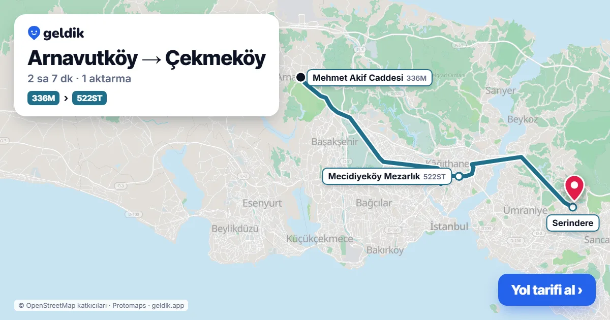 Arnavutköy – Çekmeköy yol haritası: 48KA otobüsü → M11 → 522ST otobüsü ile ~2 sa 8 dk