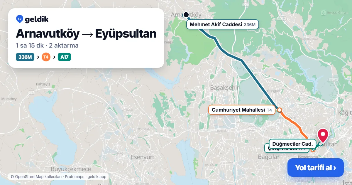 Arnavutköy – Eyüpsultan yol haritası: 336M otobüsü → T4 → A17 minibüsü ile ~1 sa 24 dk