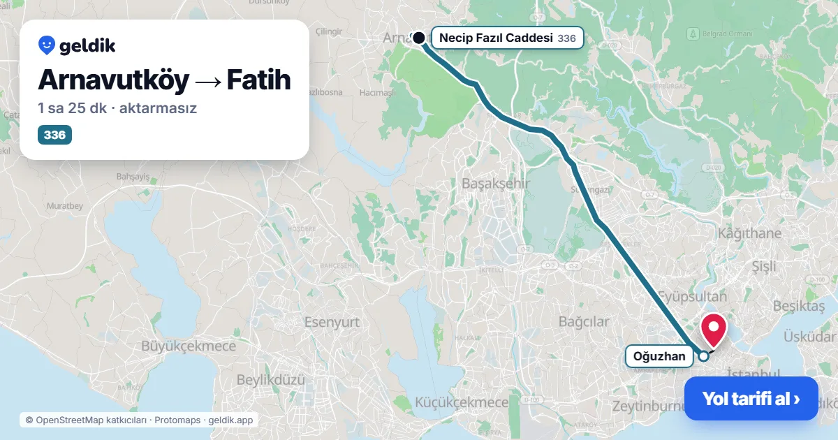 Arnavutköy – Fatih yol haritası: 336 otobüsü ile ~1 sa 25 dk