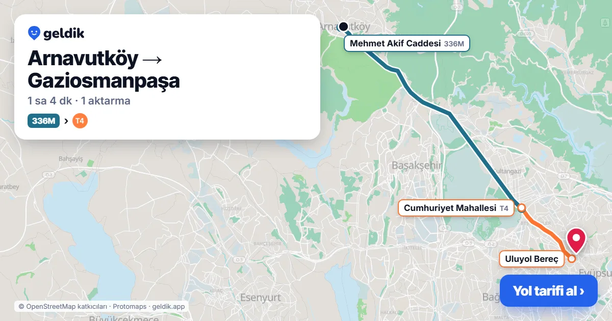 Arnavutköy – Gaziosmanpaşa yol haritası: 336M otobüsü → T4 ile ~1 sa 12 dk