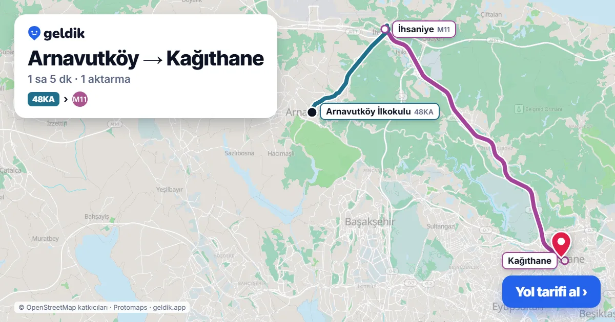 Arnavutköy – Kağıthane yol haritası: 48KA otobüsü → M11 ile ~1 sa 5 dk