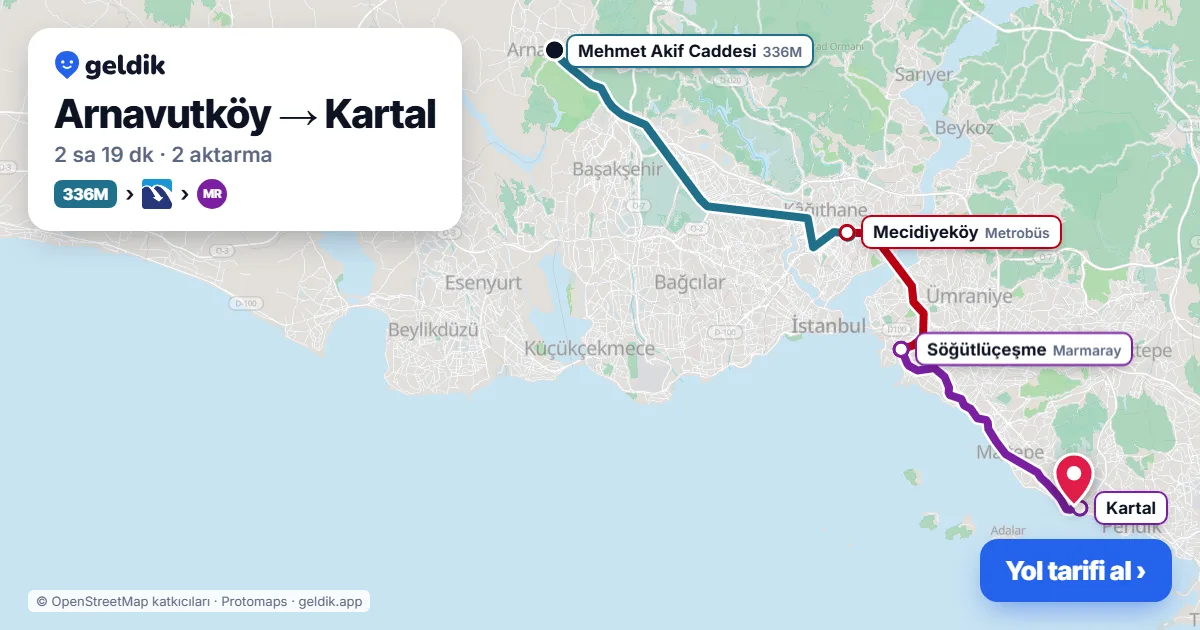 Arnavutköy – Kartal yol haritası: 336M otobüsü → Metrobüs → Marmaray ile ~2 sa 19 dk