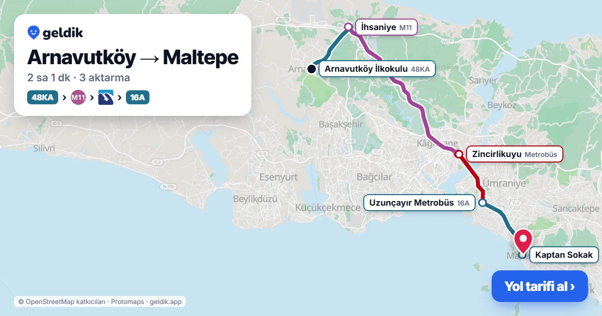 Arnavutköy – Maltepe yol haritası: 336 otobüsü → M1A → Marmaray ile ~2 sa 14 dk