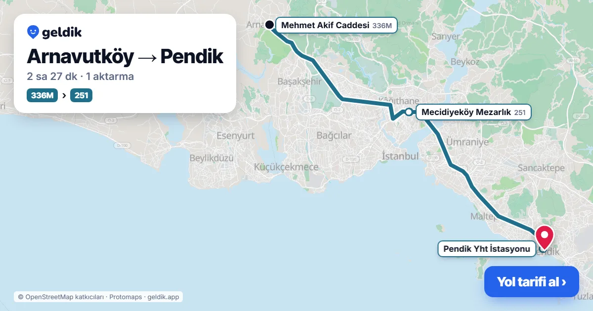 Arnavutköy – Pendik yol haritası: 336 otobüsü → M1A → Marmaray ile ~2 sa 27 dk