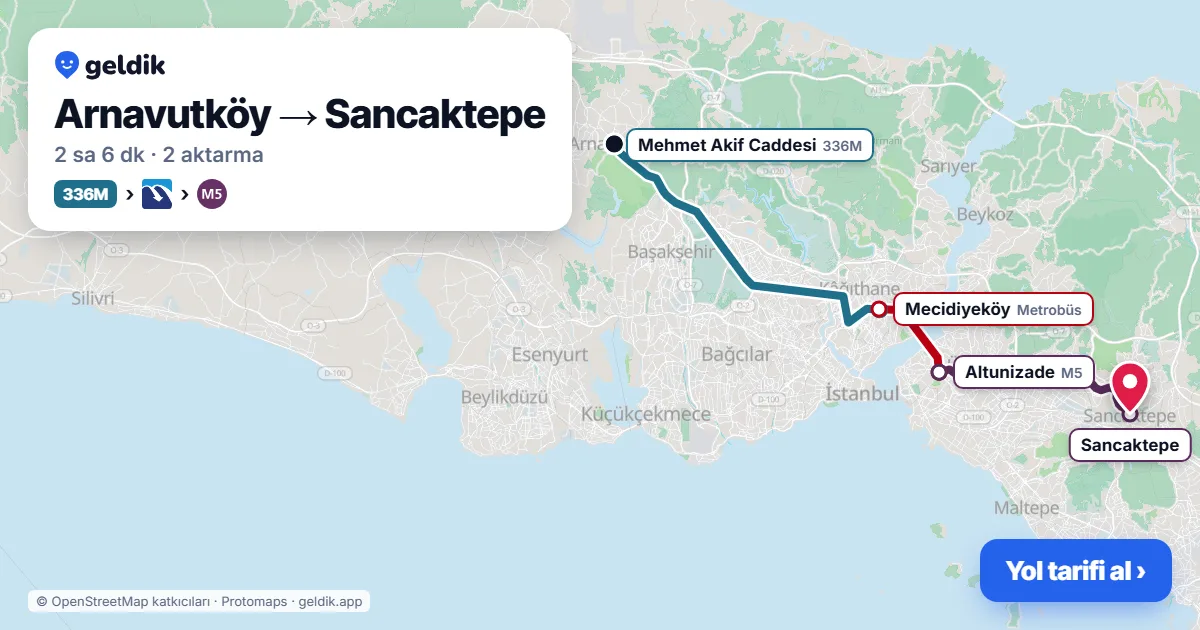 Arnavutköy – Sancaktepe yol haritası: 48KA otobüsü → M11 → Metrobüs → M5 ile ~2 sa 6 dk