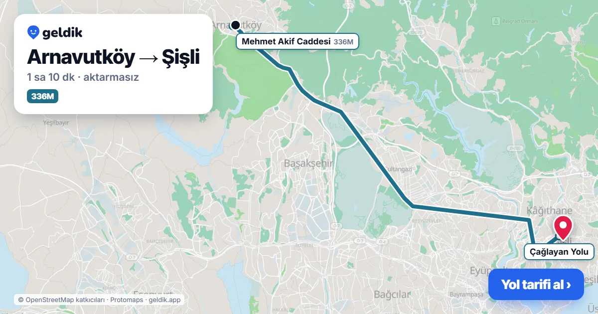 Arnavutköy – Şişli yol haritası: 336M otobüsü ile ~1 sa 20 dk