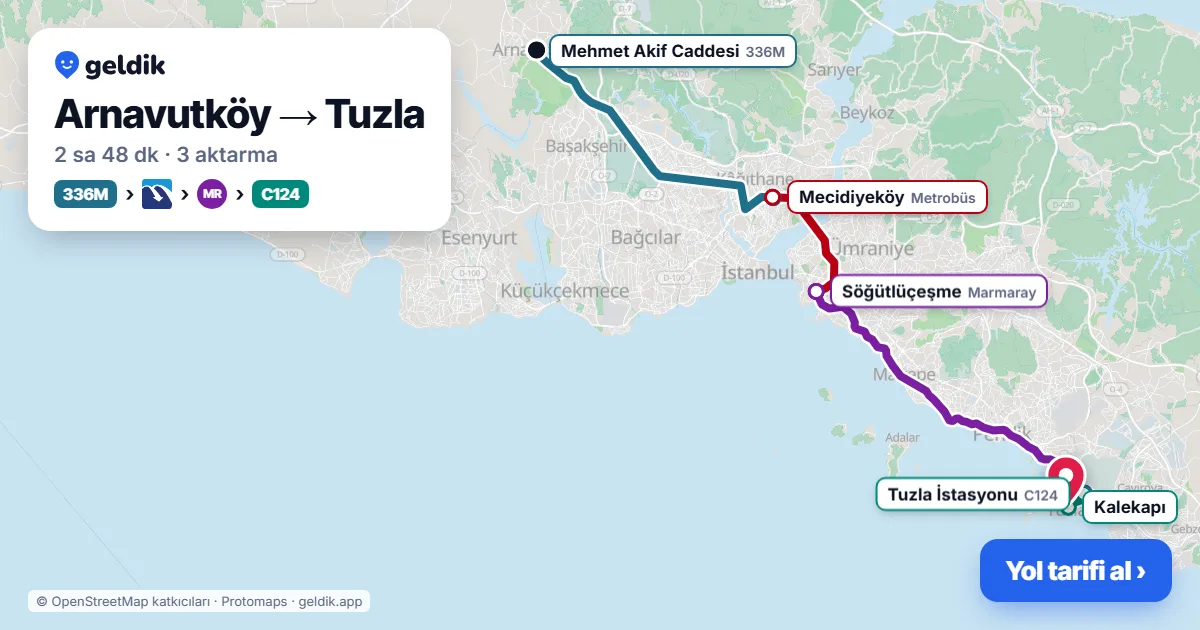 Arnavutköy – Tuzla yol haritası: 336 otobüsü → M1A → Marmaray → C124 minibüsü ile ~2 sa 50 dk