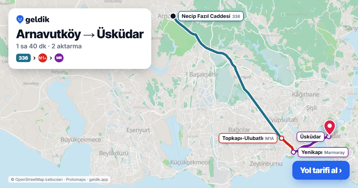 Arnavutköy – Üsküdar yol haritası: 336 otobüsü → M1A → Marmaray ile ~1 sa 40 dk