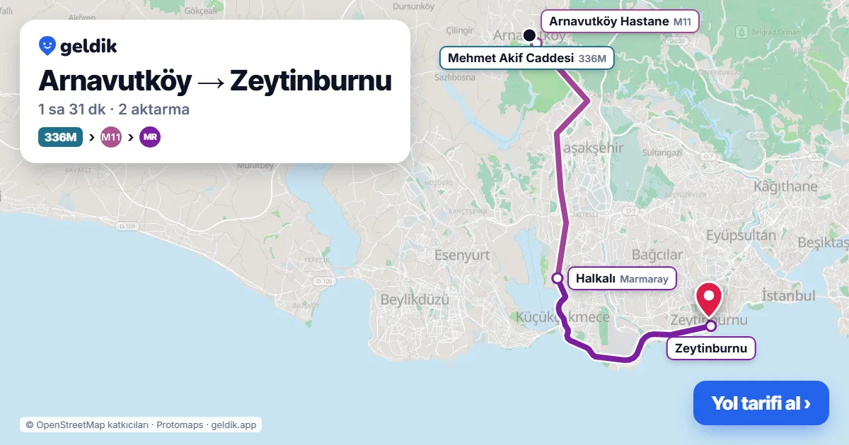 Arnavutköy – Zeytinburnu yol haritası: 36C otobüsü → M11 → Marmaray ile ~1 sa 32 dk