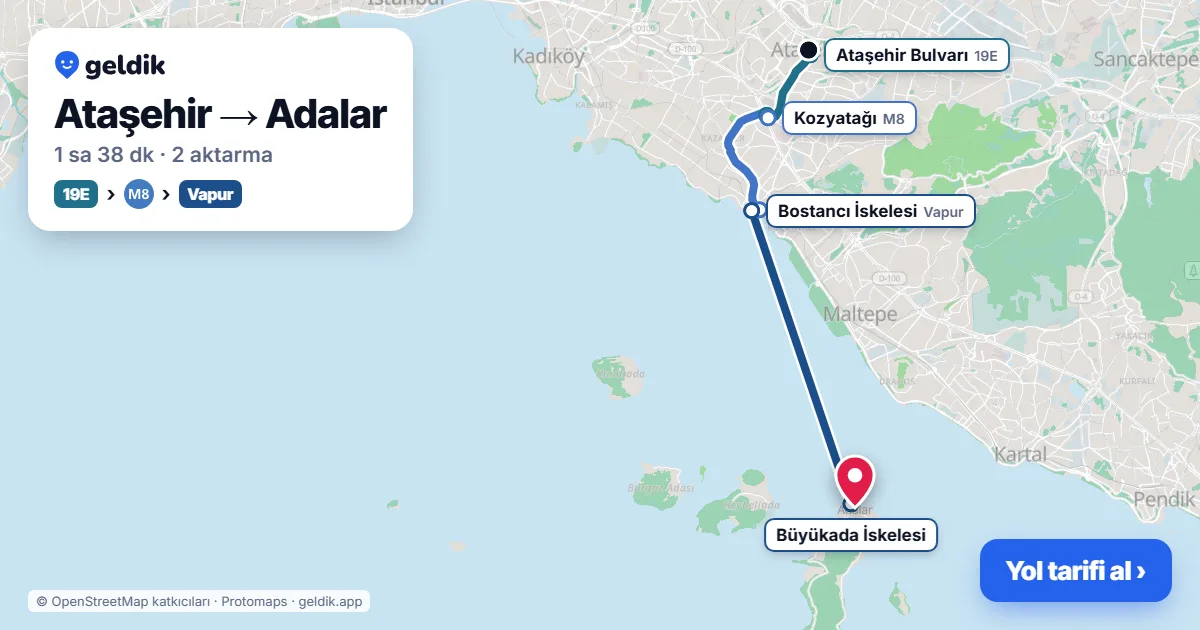 Ataşehir – Adalar yol haritası: 19M otobüsü → M8 → vapur ile ~1 sa 40 dk
