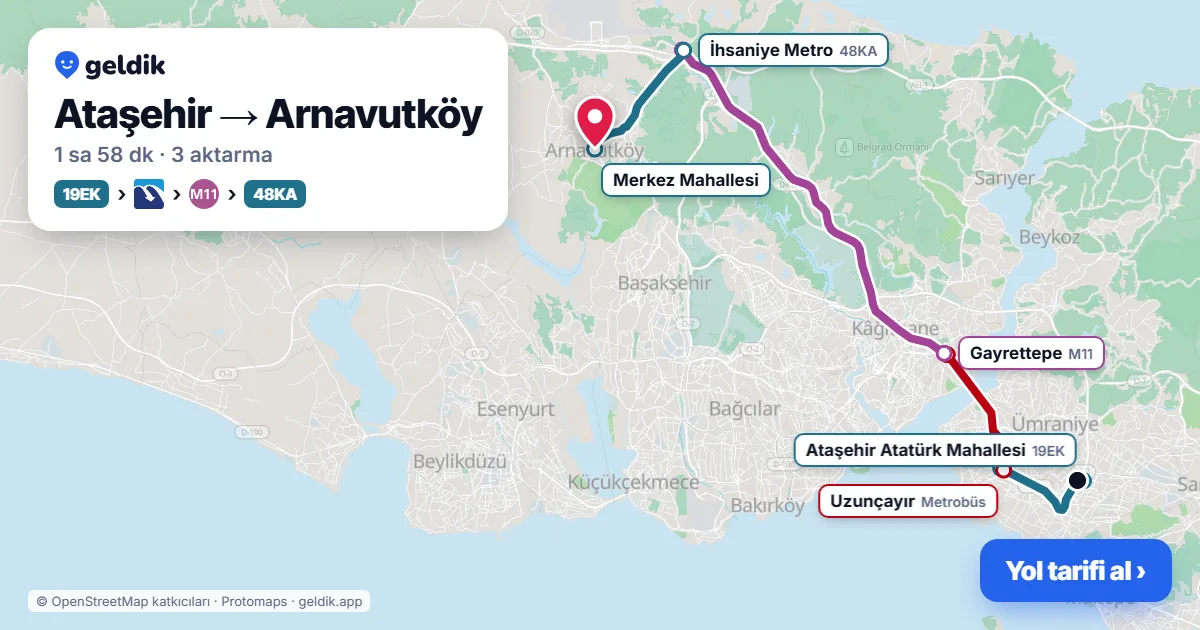 Ataşehir – Arnavutköy yol haritası: 19EK otobüsü → Metrobüs → M11 → 48KA otobüsü ile ~1 sa 58 dk