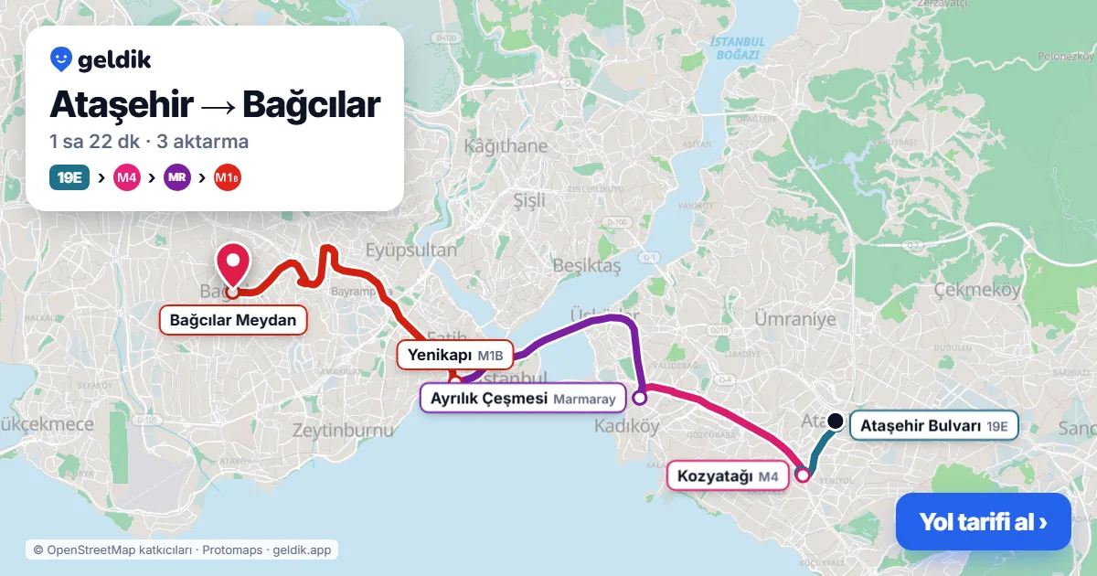 Ataşehir – Bağcılar yol haritası: 19M otobüsü → M4 → Marmaray → M1B ile ~1 sa 24 dk
