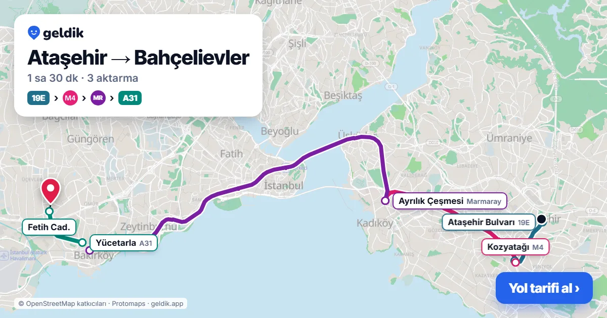 Ataşehir – Bahçelievler yol haritası: 19M otobüsü → M4 → Marmaray → A31 minibüsü ile ~1 sa 32 dk