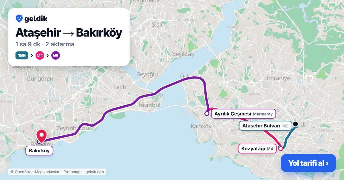 Ataşehir – Bakırköy yol haritası: 19M otobüsü → M4 → Marmaray ile ~1 sa 11 dk