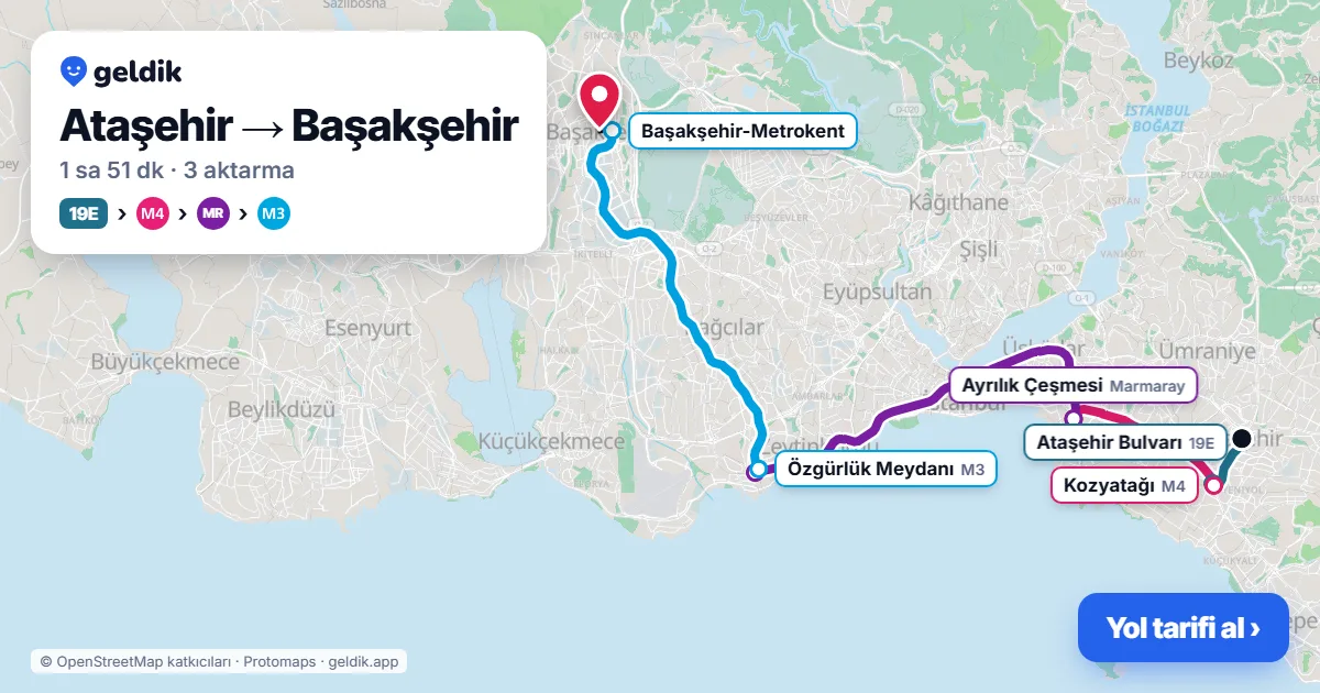 Ataşehir – Başakşehir yol haritası: 19M otobüsü → M4 → Marmaray → M3 ile ~1 sa 53 dk