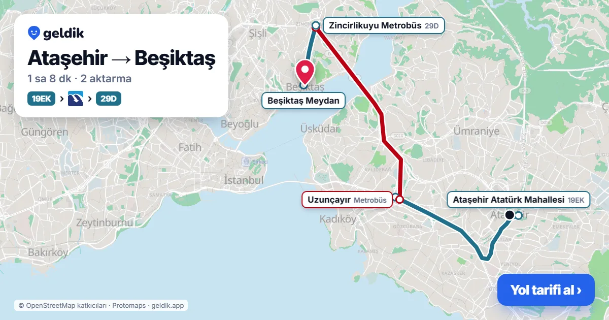 Ataşehir – Beşiktaş yol haritası: 19EK otobüsü → Metrobüs → 58N otobüsü ile ~1 sa 9 dk