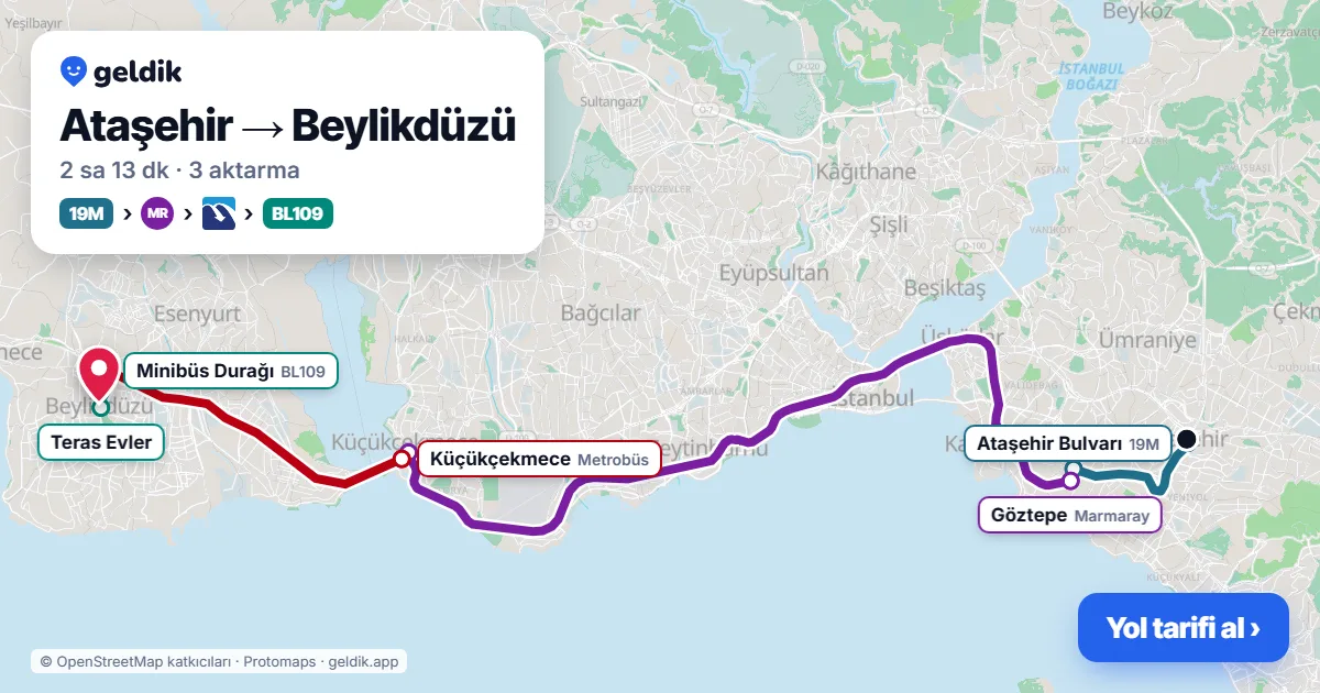 Ataşehir – Beylikdüzü yol haritası: 19M otobüsü → Marmaray → Metrobüs → BL109 minibüsü ile ~2 sa 14 dk