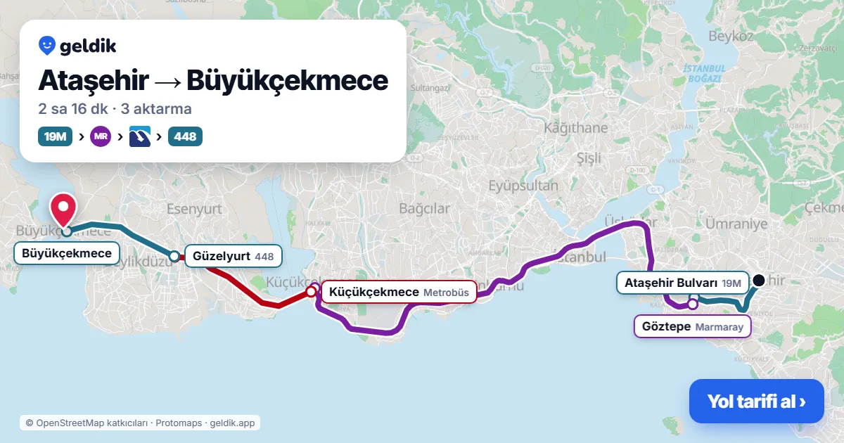 Ataşehir – Büyükçekmece yol haritası: 19M otobüsü → Marmaray → Metrobüs → 448 otobüsü ile ~2 sa 15 dk