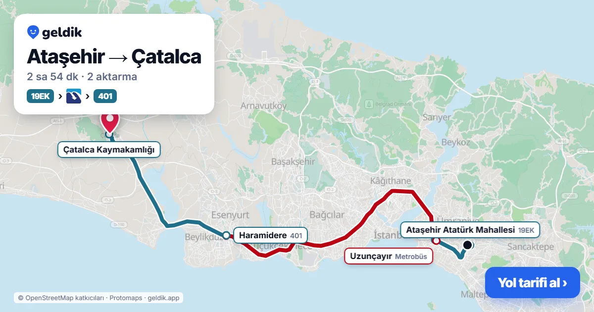 Ataşehir – Çatalca yol haritası: 19EK otobüsü → Metrobüs → 401 otobüsü ile ~2 sa 54 dk