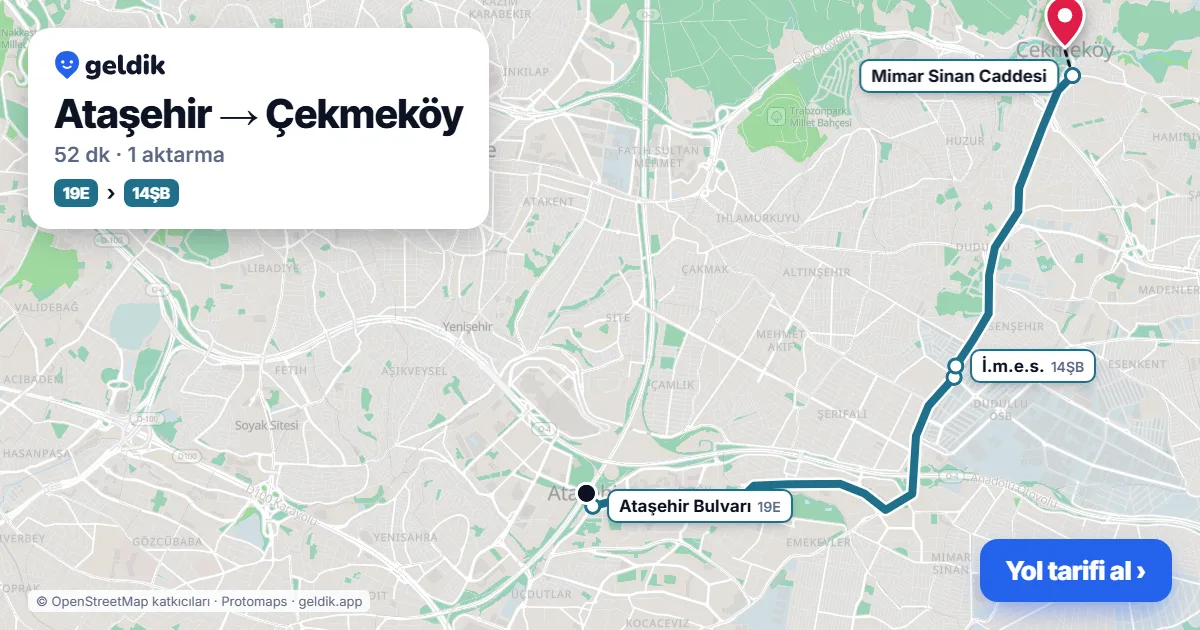 Ataşehir – Çekmeköy yol haritası: 19E otobüsü → 14ŞB otobüsü ile ~52 dk