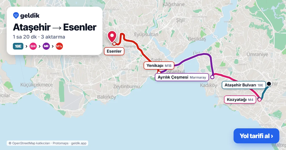 Ataşehir – Esenler yol haritası: 19M otobüsü → M4 → Marmaray → M1B ile ~1 sa 22 dk