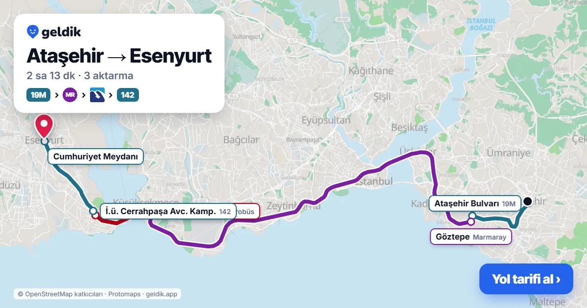 Ataşehir – Esenyurt yol haritası: 19M otobüsü → Marmaray → Metrobüs → 142 otobüsü ile ~2 sa 13 dk