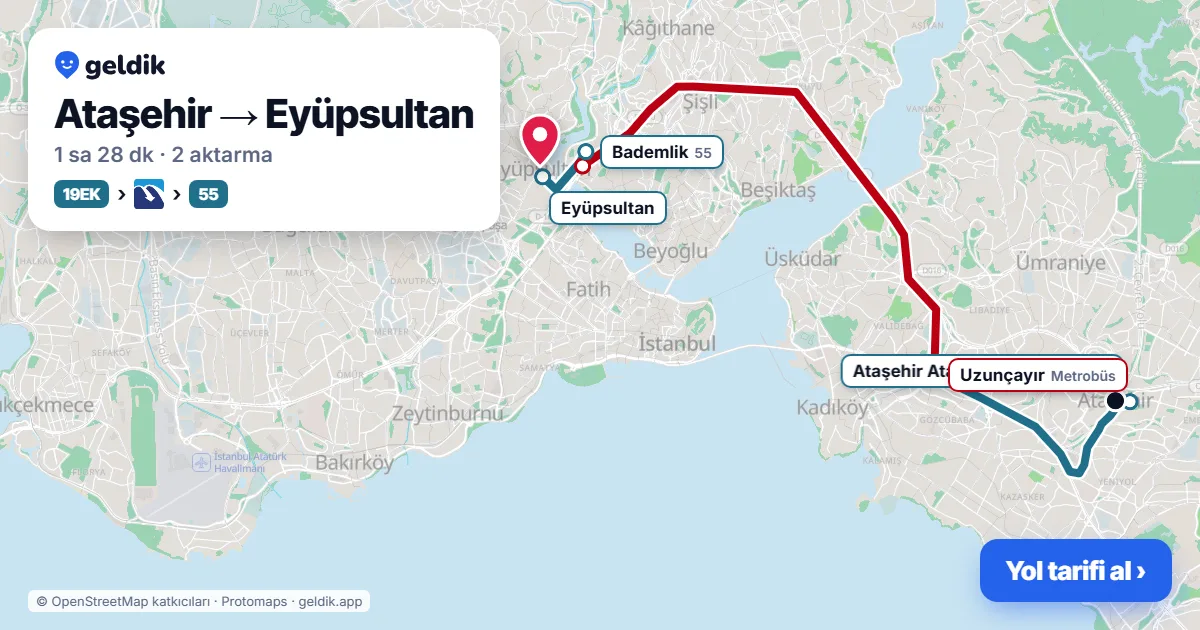 Ataşehir – Eyüpsultan yol haritası: 19M otobüsü → 19T otobüsü → Metrobüs → 55 otobüsü ile ~1 sa 21 dk