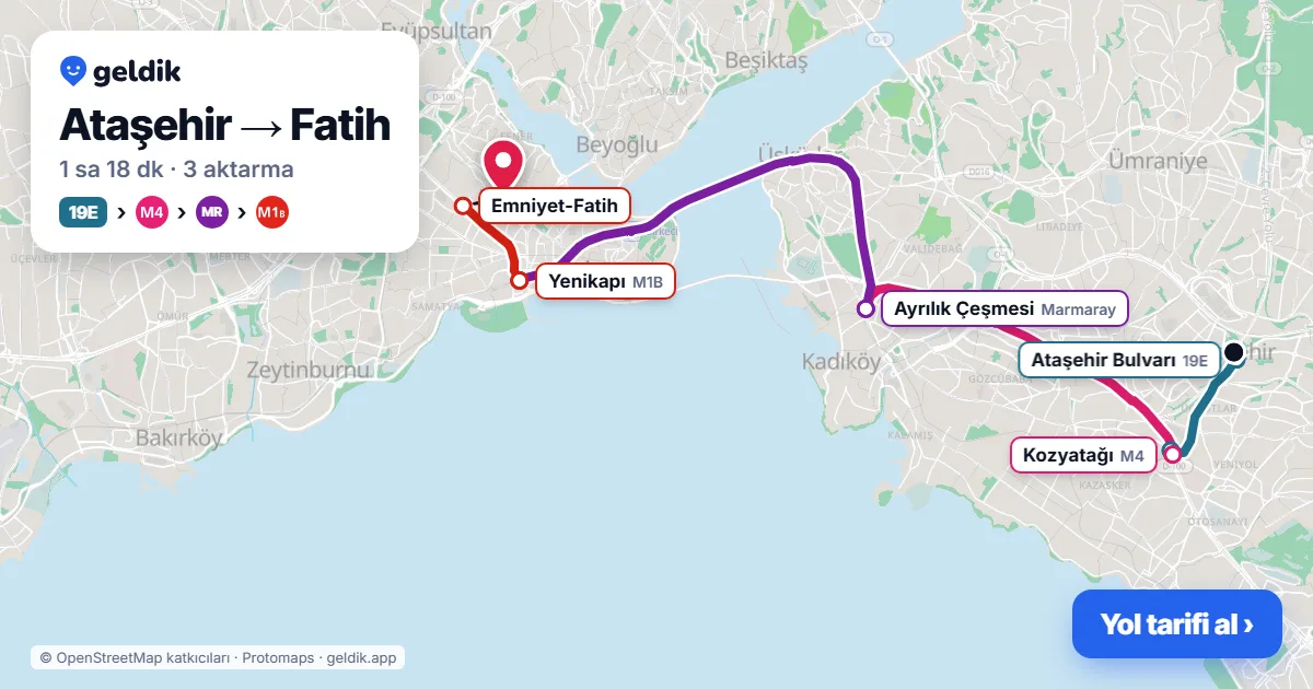 Ataşehir – Fatih yol haritası: 19M otobüsü → M4 → Marmaray → M1B ile ~1 sa 20 dk