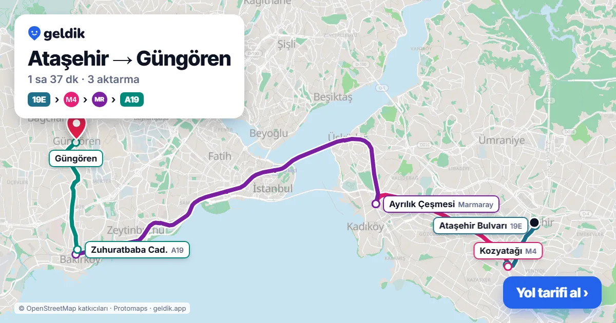 Ataşehir – Güngören yol haritası: 19M otobüsü → M4 → Marmaray → A19 minibüsü ile ~1 sa 39 dk